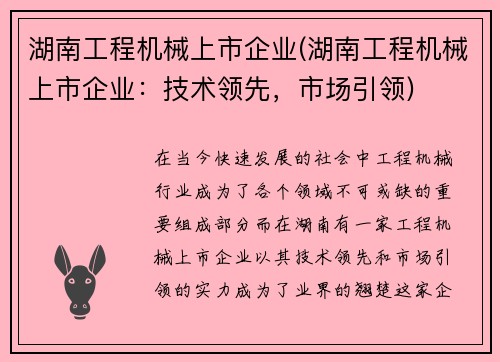 湖南工程机械上市企业(湖南工程机械上市企业：技术领先，市场引领)