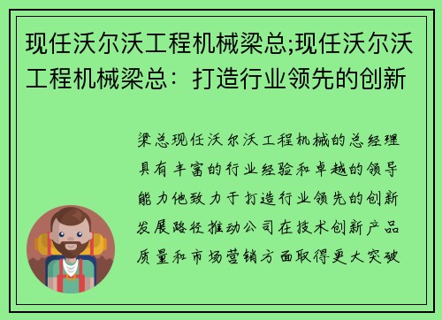 现任沃尔沃工程机械梁总;现任沃尔沃工程机械梁总：打造行业领先的创新发展路径