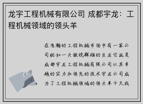 龙宇工程机械有限公司 成都宇龙：工程机械领域的领头羊